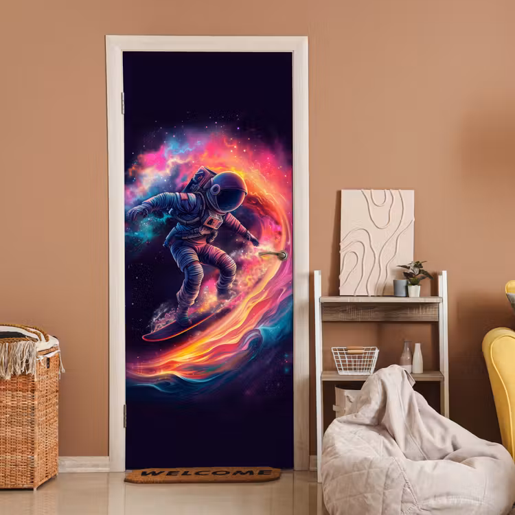 Astronaut - Ruimte - Surfen - Kleurrijk deurposter klein -sfeer1