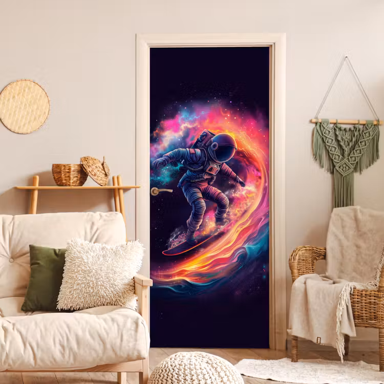 Astronaut - Ruimte - Surfen - Kleurrijk deurposter klein -sfeer2
