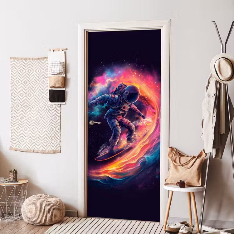Astronaut - Ruimte - Surfen - Kleurrijk deurposter klein -sfeer6