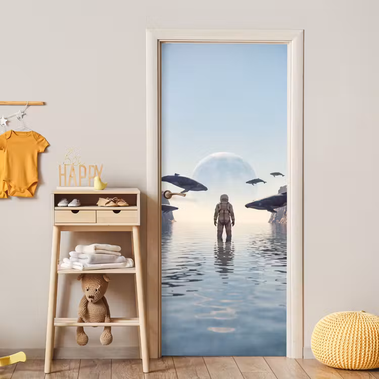 Door sticker - Astronaut - Whale - Fantasy - Ruimtevaarder - Walvis - Fantasie deurposter klein