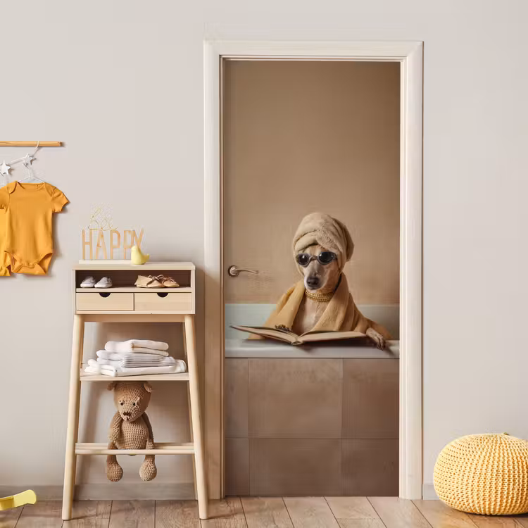 Bad - Hond - Boek - Zonnebril deurposter klein -sfeer4