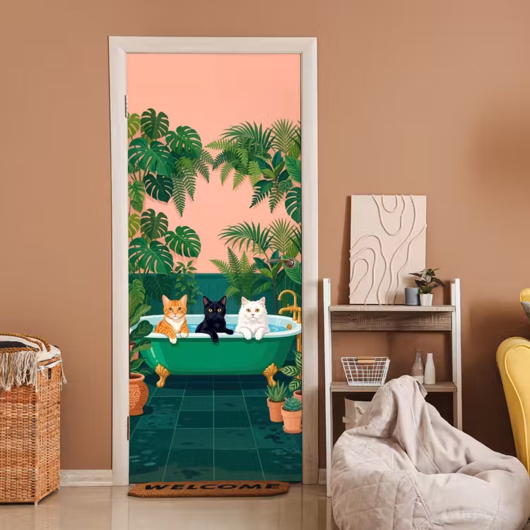 Badkamer - Kattenparade - Kleurrijk deurposter klein -sfeer1