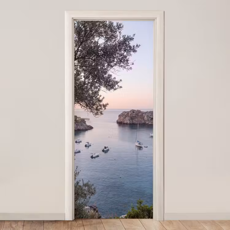 Door sticker - Bay - boats - sunset - Baai - boten - zonsondergang deurposter klein