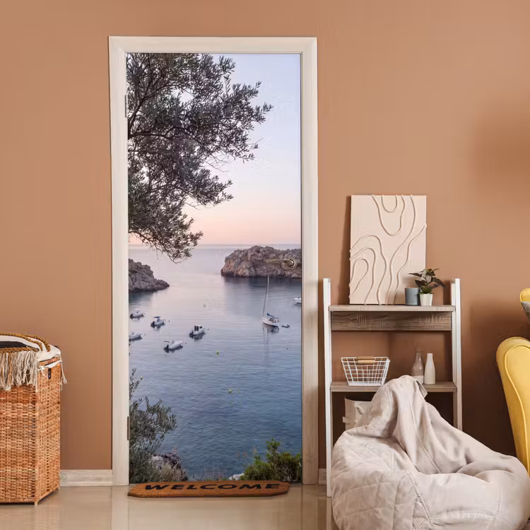 Door sticker - Bay - boats - sunset - Baai - boten - zonsondergang deurposter klein