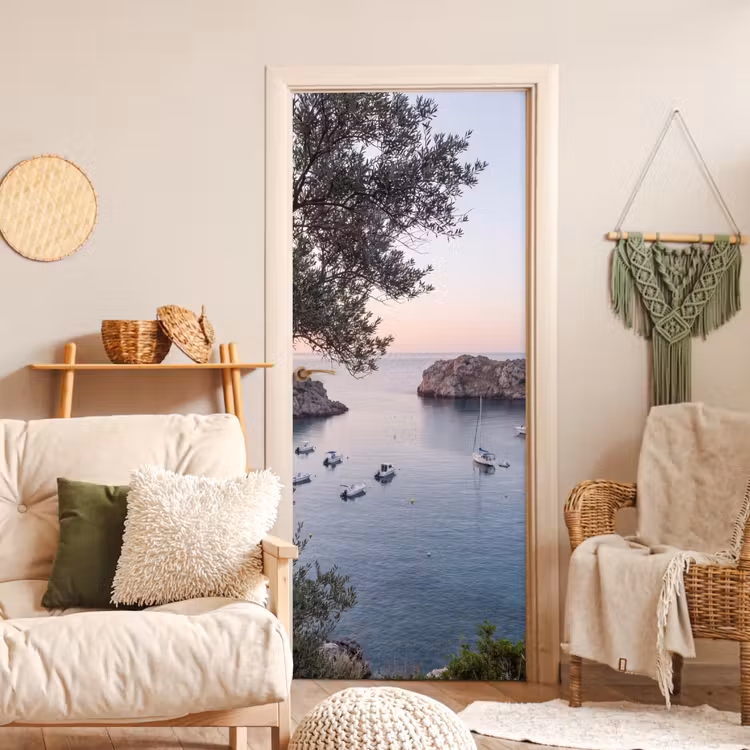 Door sticker - Bay - boats - sunset - Baai - boten - zonsondergang deurposter klein
