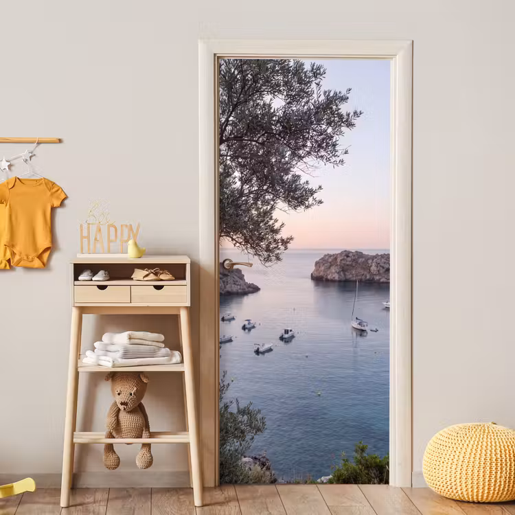 Door sticker - Bay - boats - sunset - Baai - boten - zonsondergang deurposter klein