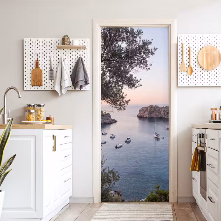 Door sticker - Bay - boats - sunset - Baai - boten - zonsondergang deurposter klein