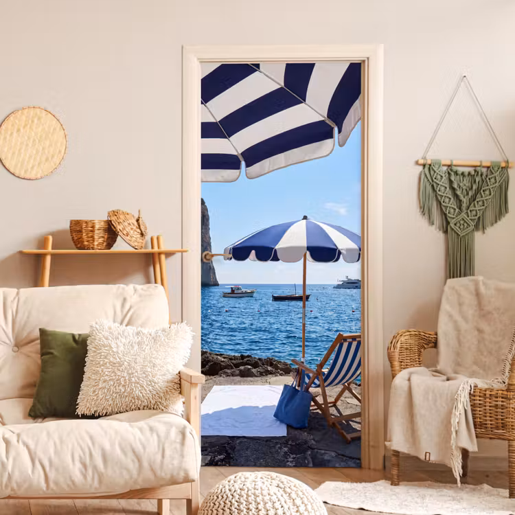 Strand - Ligstoel - Parasol - Zomer - Blauw deurposter klein -sfeer2