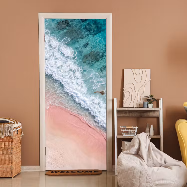 Strand - Oceaan - Golven - Roze Zand - Natuur deurposter klein -sfeer1