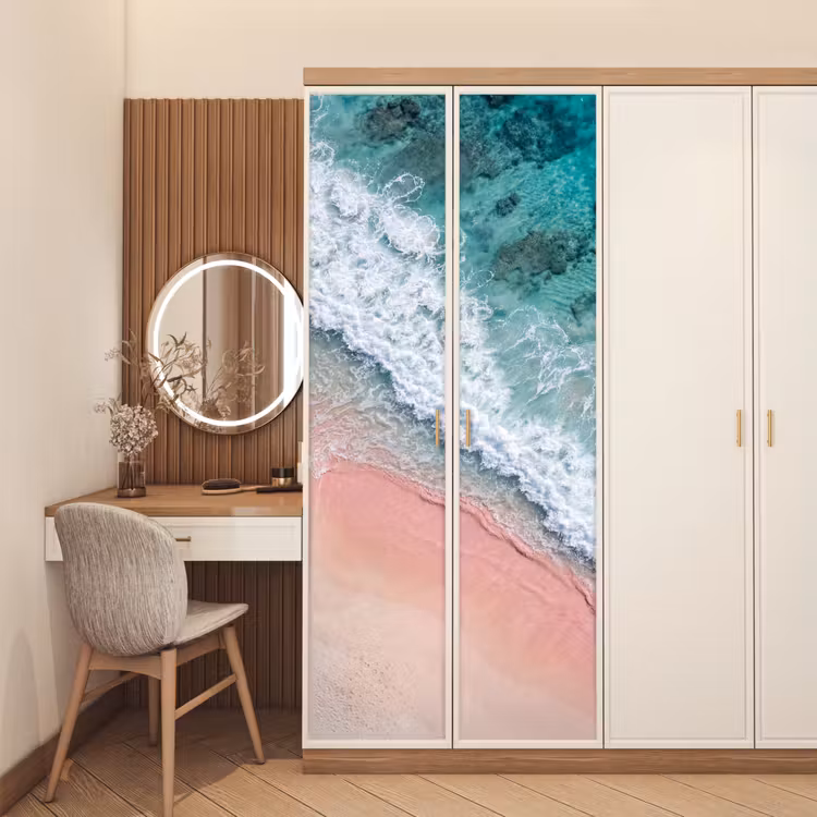 Strand - Oceaan - Golven - Roze Zand - Natuur deurposter klein -sfeer3