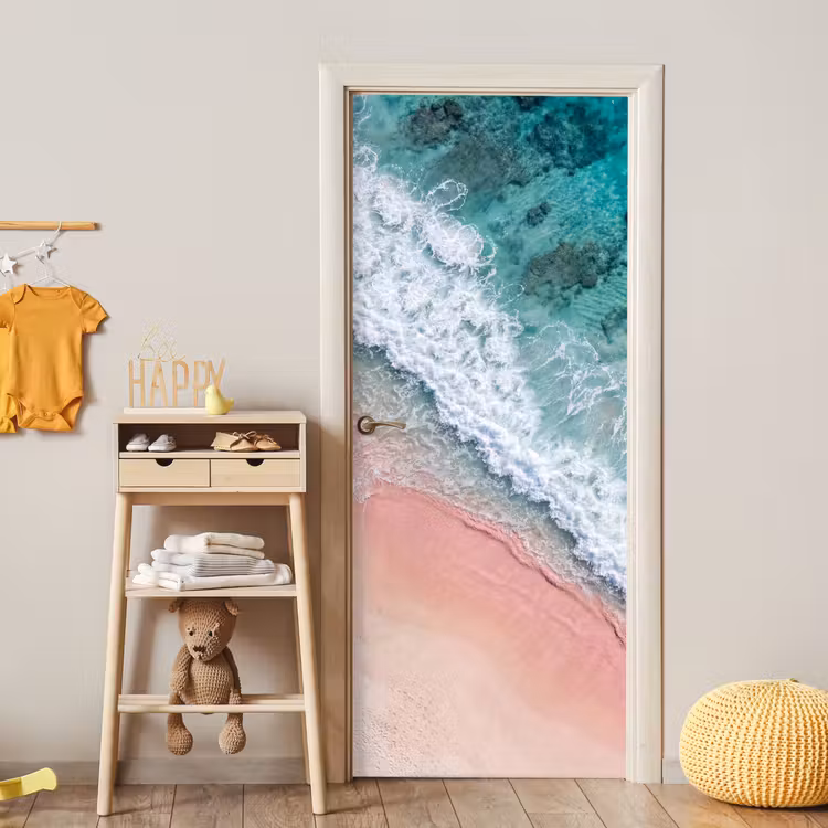 Strand - Oceaan - Golven - Roze Zand - Natuur deurposter klein -sfeer4