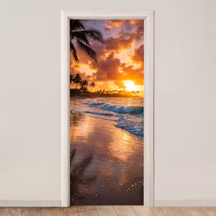 Strand - Zonsopgang - Tropisch - Natuur - Oranje deurposter klein -3d_beige