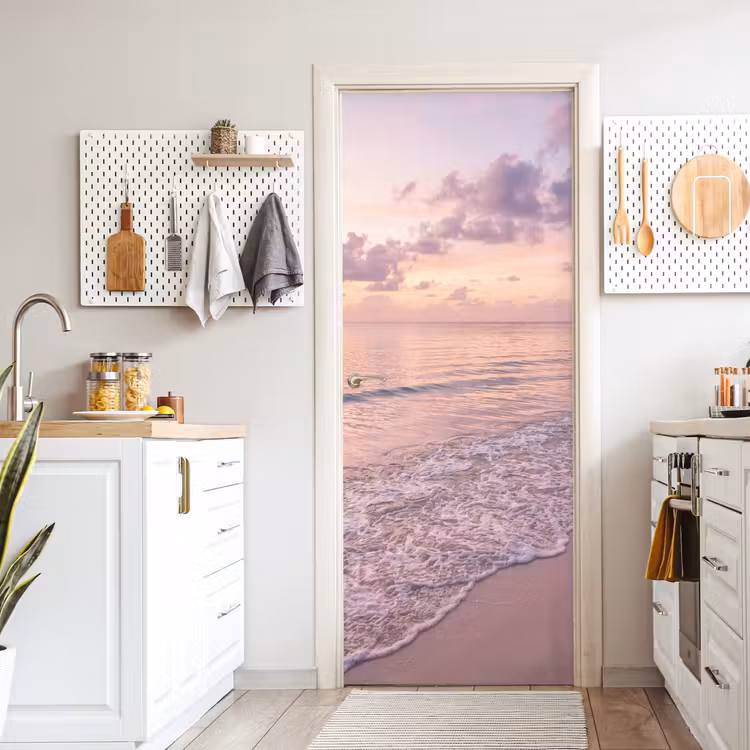 Strand - Zonsondergang - Natuur - Minimalistisch - Roze deurposter klein -sfeer5