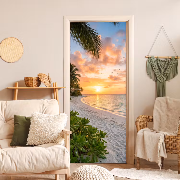 Strand - Zonsondergang - Palmbomen - Tropisch - Natuur deurposter klein -sfeer2