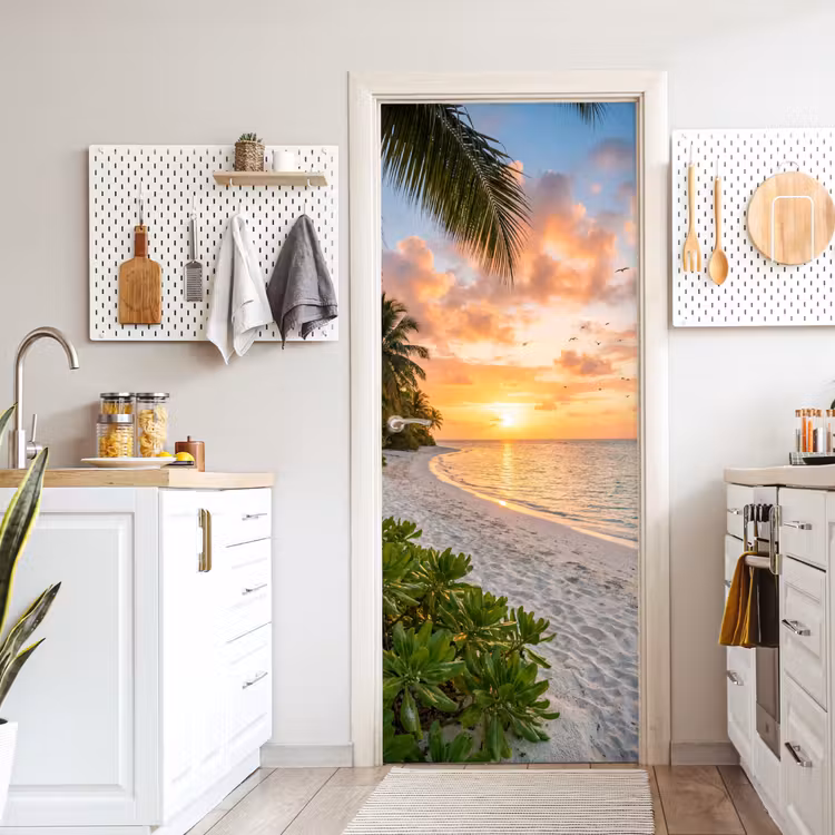 Strand - Zonsondergang - Palmbomen - Tropisch - Natuur deurposter klein -sfeer5