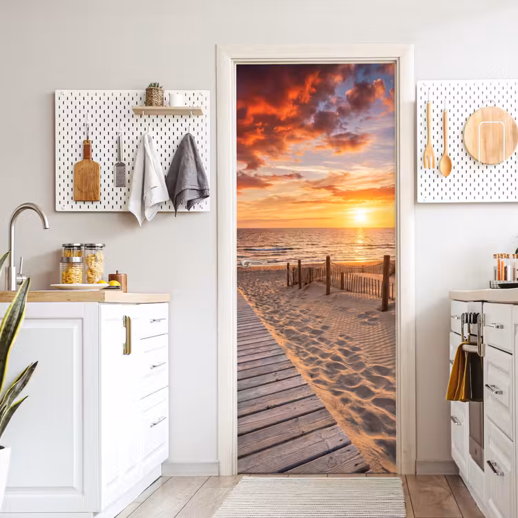Strand - Zonsondergang - Zee - Natuur - Oranje deurposter klein -sfeer5