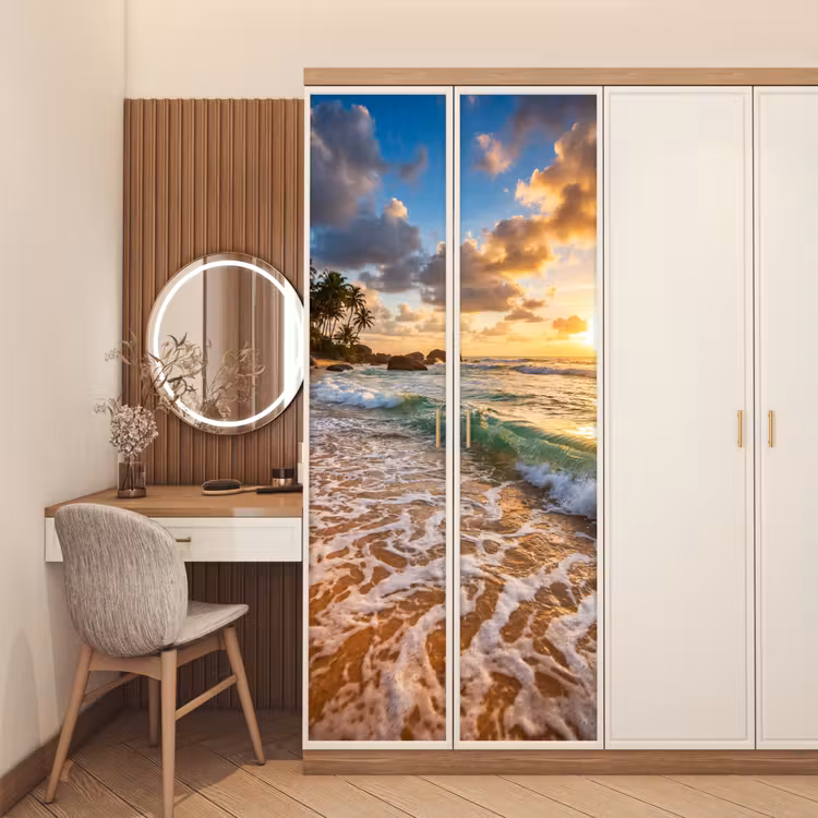 Strand - Zonsondergang - Golven - Natuur - Goud deurposter klein -sfeer3