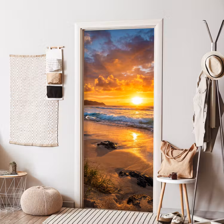 Strand - Zonsondergang - Golven - Natuur - Oranje deurposter klein -sfeer6
