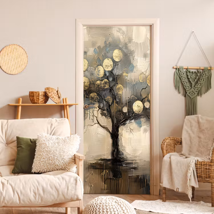 Beige - Abstract - Boom - Goud deurposter klein -sfeer2