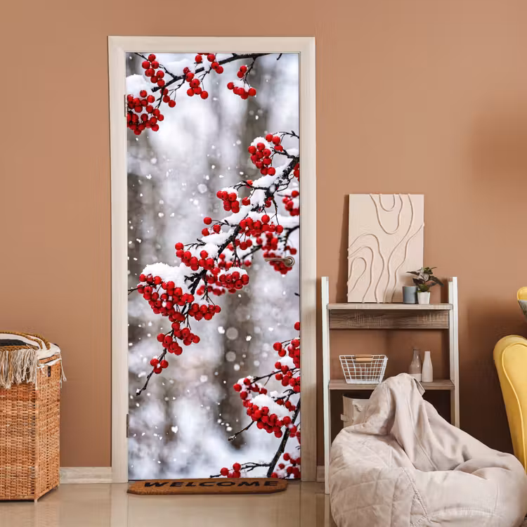 Bessen - Takken - Sneeuw - Winter - Kleurrijk deurposter klein -sfeer1