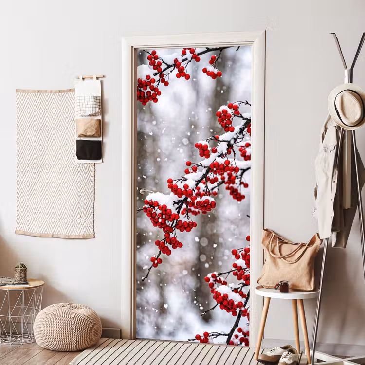 Bessen - Takken - Sneeuw - Winter - Kleurrijk deurposter klein -sfeer6