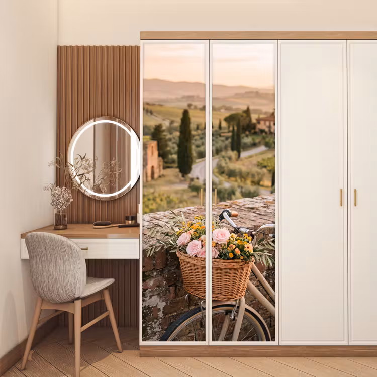Fiets - Bloemen - Toscane - Landschap - Roze deurposter klein -sfeer3
