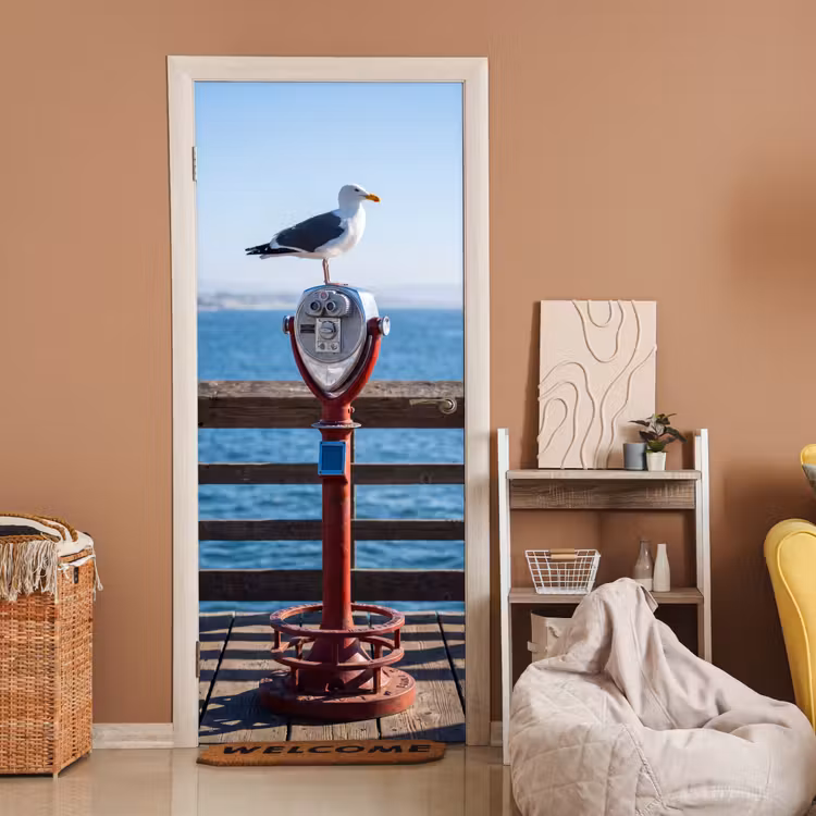 Vogel - Verrekijker - Kust - Zee - Blauw deurposter klein -sfeer1
