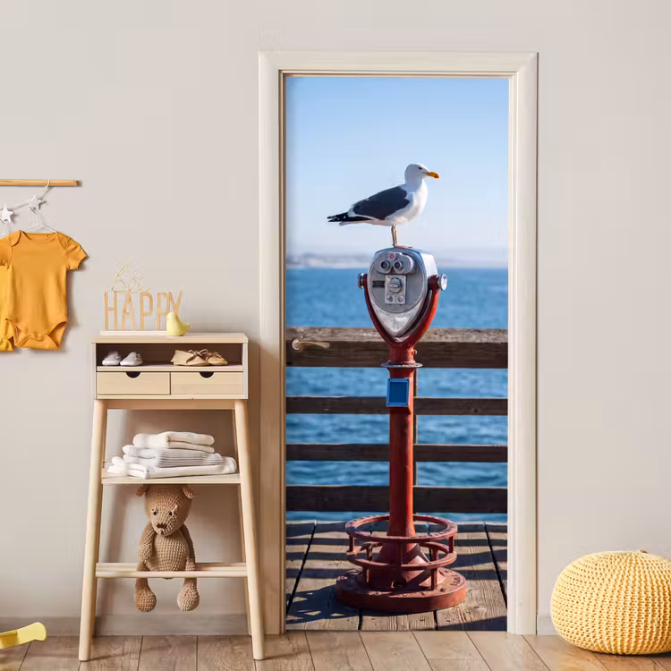 Vogel - Verrekijker - Kust - Zee - Blauw deurposter klein -sfeer4