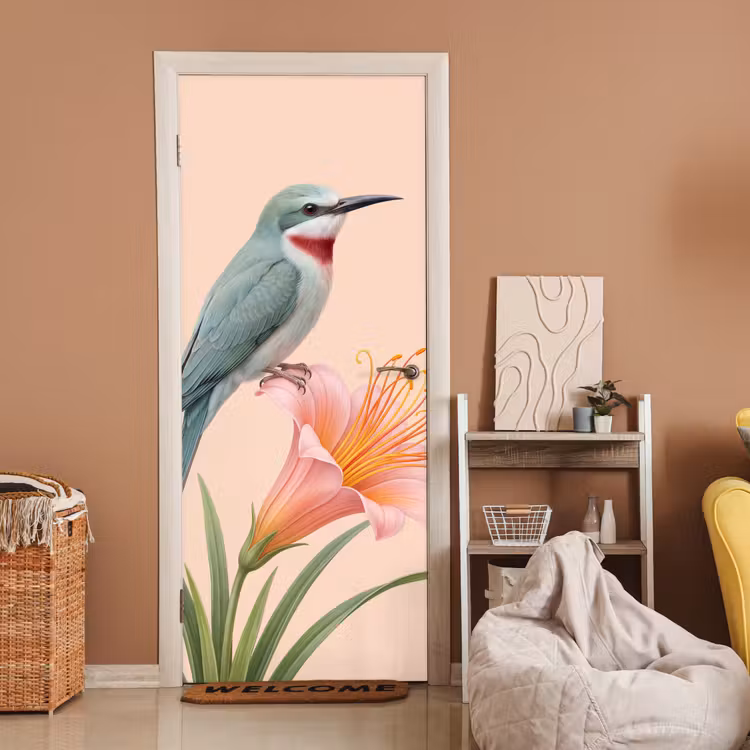 Vogel - Bloem - Natuur - Roze deurposter klein -sfeer1
