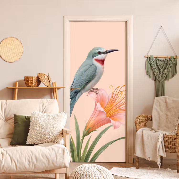 Vogel - Bloem - Natuur - Roze deurposter klein -sfeer2