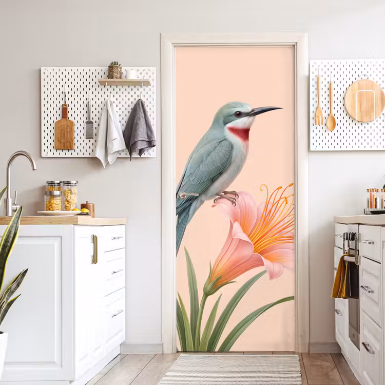 Vogel - Bloem - Natuur - Roze deurposter klein -sfeer5