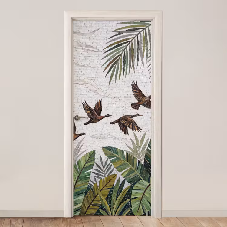 Vogel - Vliegend - Tropisch - Mozaïek - Groen deurposter klein -3d_beige