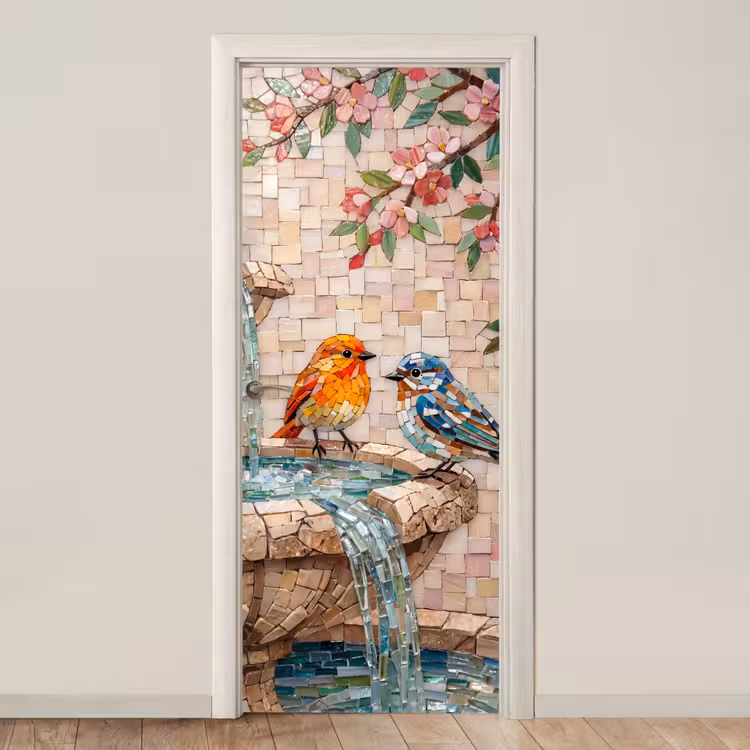 Vogel - fontein - mozaiek - kleurrijk - dieren deurposter klein -3d_beige