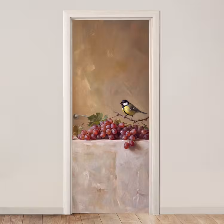 Door sticker - Bird - Grapes - Still Life - Vogel - Druiven - Stilleven deurposter klein