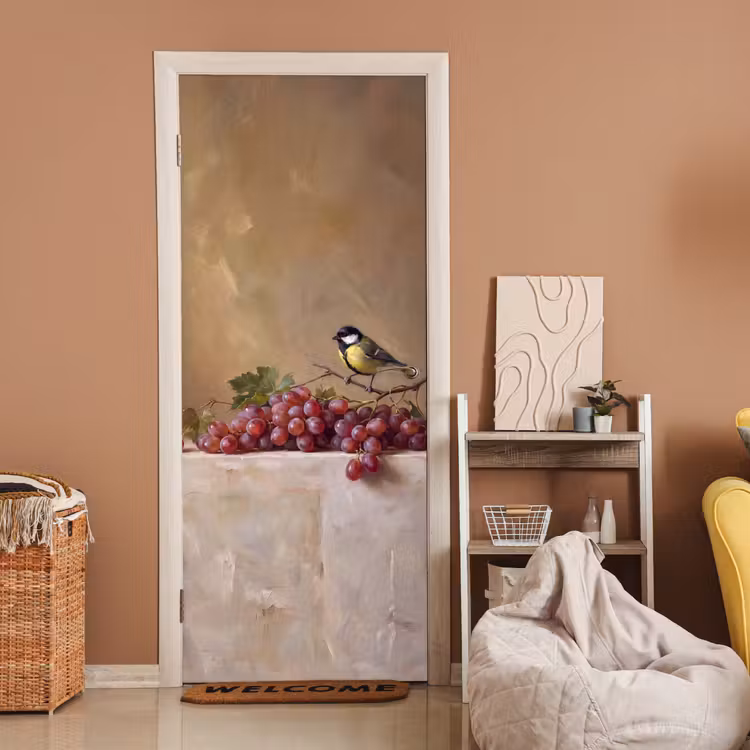 Door sticker - Bird - Grapes - Still Life - Vogel - Druiven - Stilleven deurposter klein