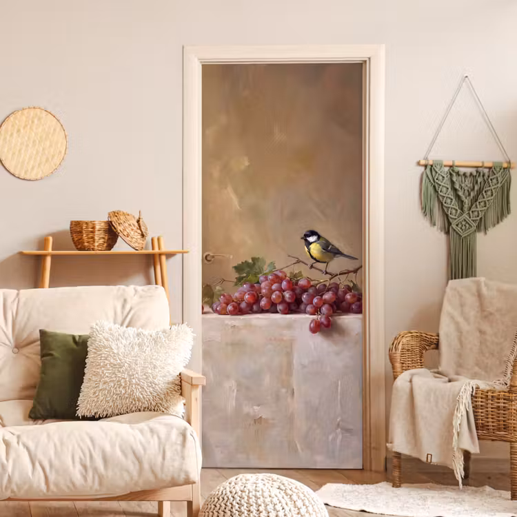 Door sticker - Bird - Grapes - Still Life - Vogel - Druiven - Stilleven deurposter klein