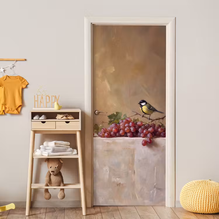 Door sticker - Bird - Grapes - Still Life - Vogel - Druiven - Stilleven deurposter klein