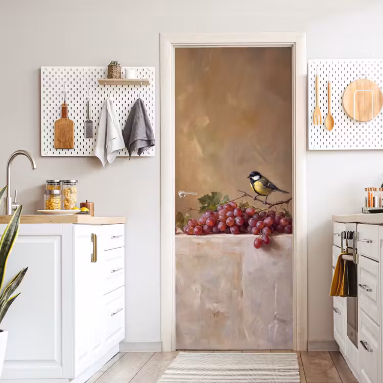 Door sticker - Bird - Grapes - Still Life - Vogel - Druiven - Stilleven deurposter klein
