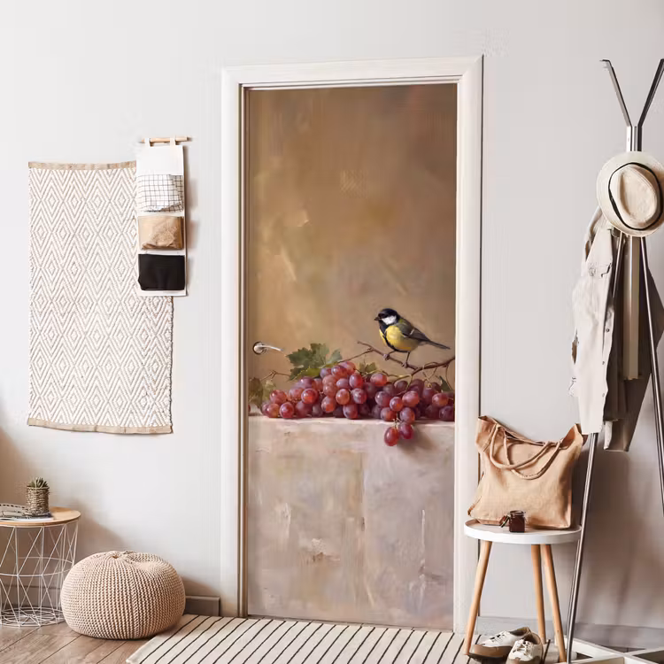 Door sticker - Bird - Grapes - Still Life - Vogel - Druiven - Stilleven deurposter klein