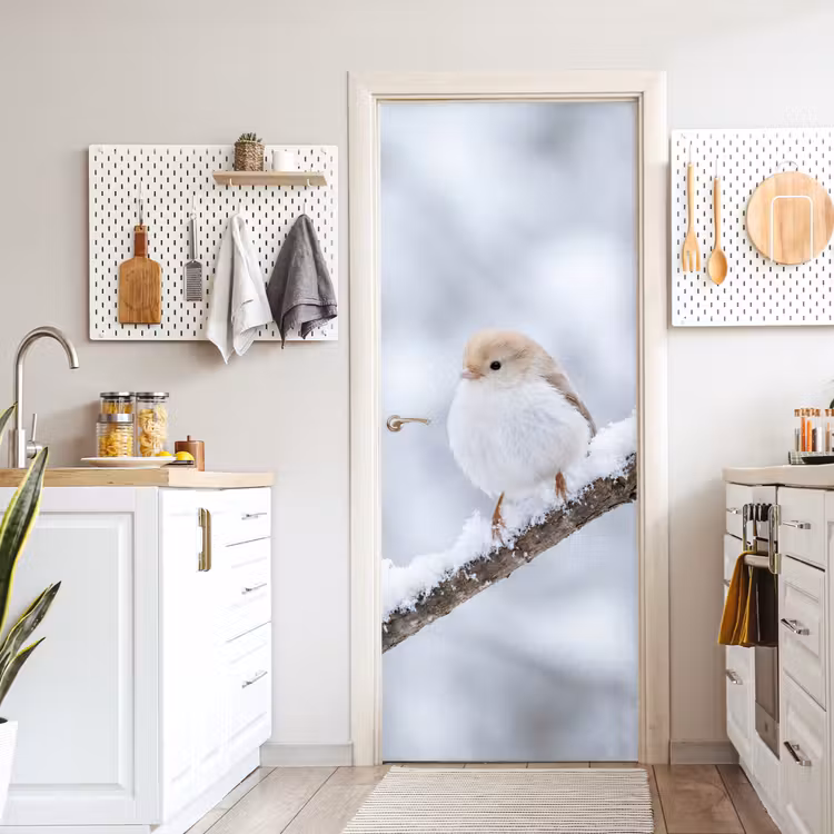 Vogeltje - Sneeuw - Tak - Winter - Zacht deurposter klein -sfeer5