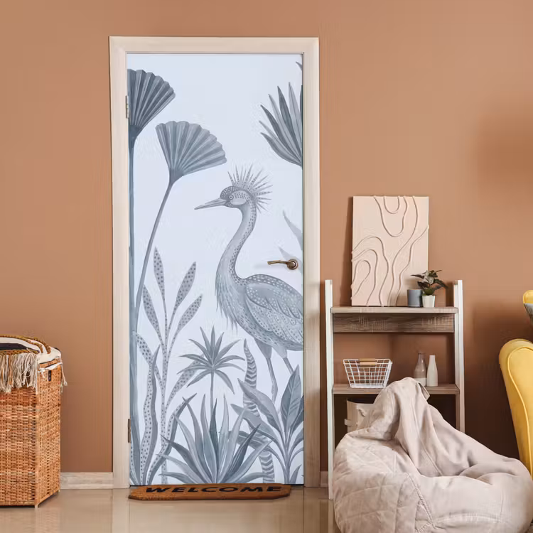 Vogel - Tropisch - Illustratie - Blauwgrijs - Natuur deurposter klein -sfeer1