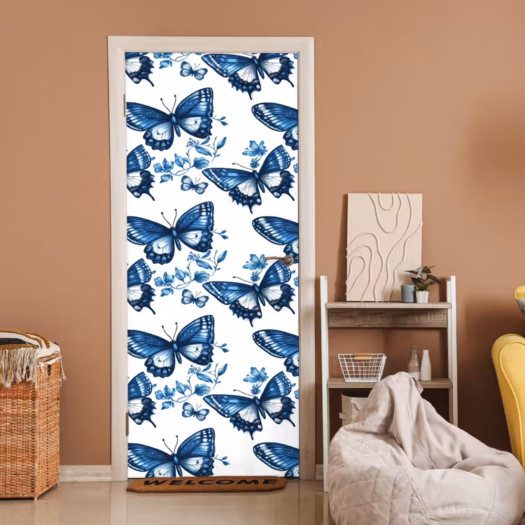 Blauw - Vlinders - Bloemen - Wit deurposter klein 289 -sfeer1