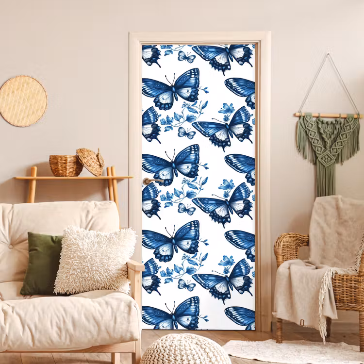 Blauw - Vlinders - Bloemen - Wit deurposter klein 289 -sfeer2