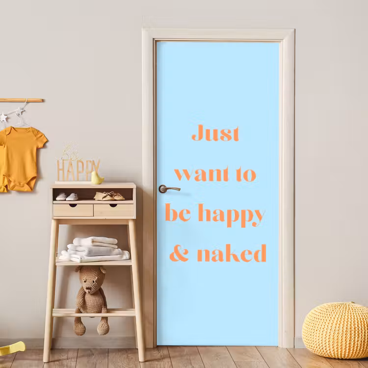 Blauw - Oranje - Just want to be happy & naked deurposter klein -sfeer4