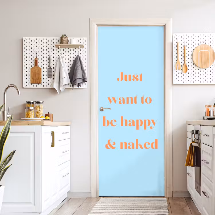 Blauw - Oranje - Just want to be happy & naked deurposter klein -sfeer5