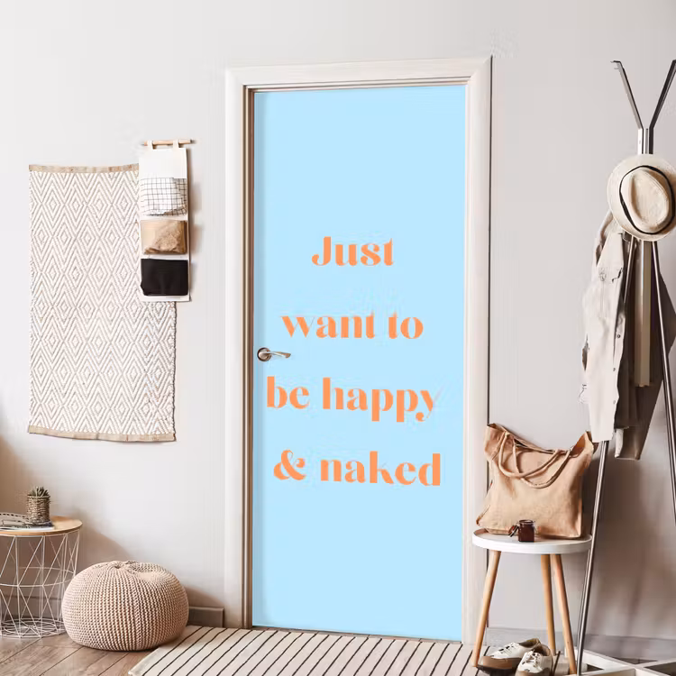 Blauw - Oranje - Just want to be happy & naked deurposter klein -sfeer6