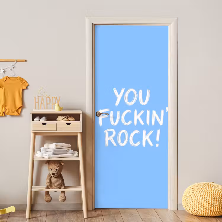 Blauw - Wit - You fuckin rock deurposter klein -sfeer4