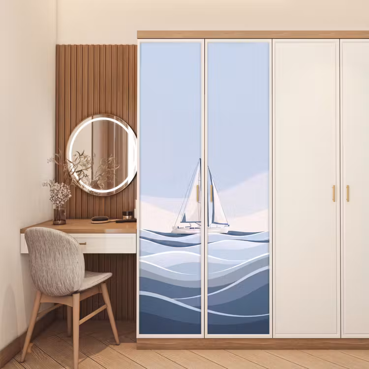 Boot - Zeil - Zee - Modern - Beige deurposter klein -sfeer3