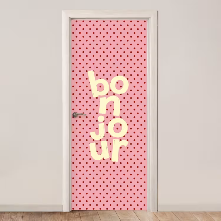 Bonjour - Stippen - Roze- Geel deurposter klein -3d_beige