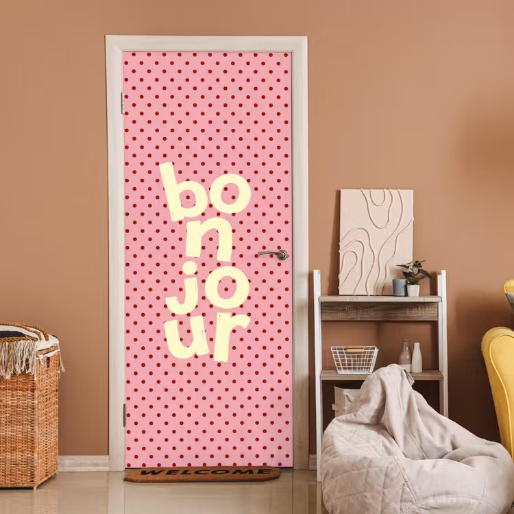 Bonjour - Stippen - Roze- Geel deurposter klein -sfeer1